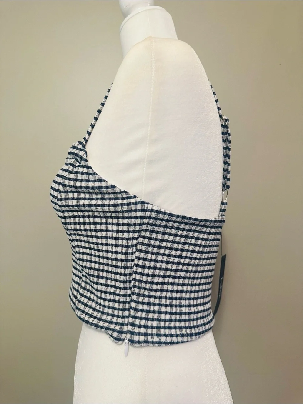 NWT Navy Blue Gingham Square Neck Cropped Tank Top - Small